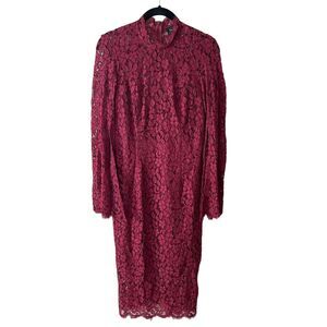 Bardot 6 / Small Sienna Midi Dress Maroon Lace Bell Slit Sleeve High Neck